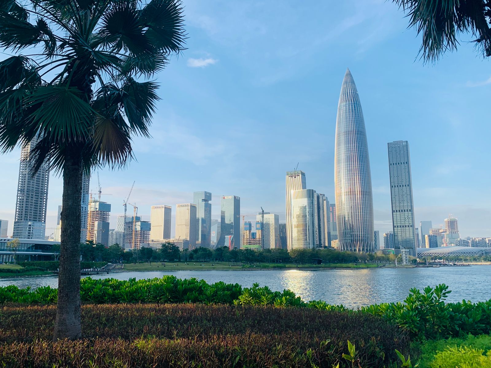 Skyline von Shenzhen mit Parkanlage und Uferpromenade